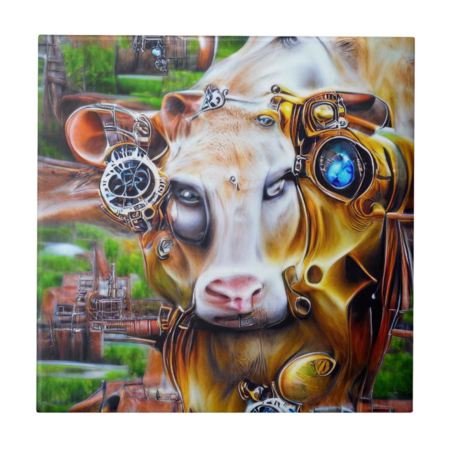 Steampunk Cyber Cow Ceramic Tile (Front)