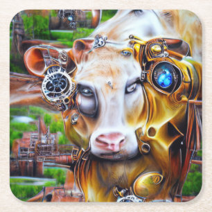 Steampunk Cyber Cow Square Paper Coaster