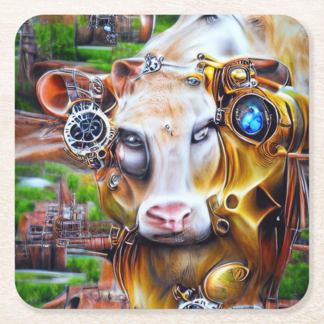 Steampunk Cyber Cow Square Paper Coaster (Front)
