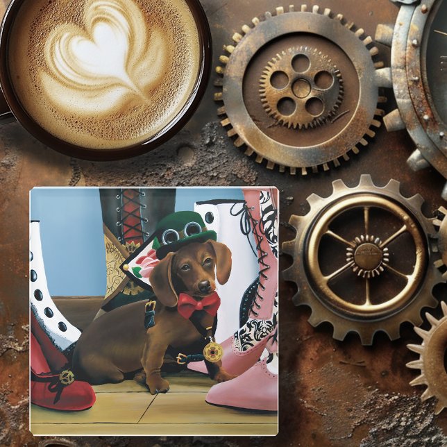 Steampunk Dachshund Shows Boots Victorian Glass Coaster (Creator Uploaded)