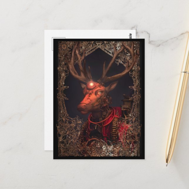 Steampunk Deer Vintage Style Postcard (Front/Back In Situ)