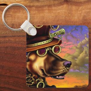 Steampunk Digital Art Dog Portrait   Key Ring