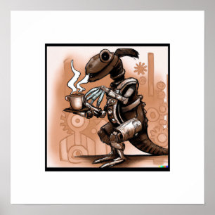 Steampunk Dino Drinking Coffee Art Poster