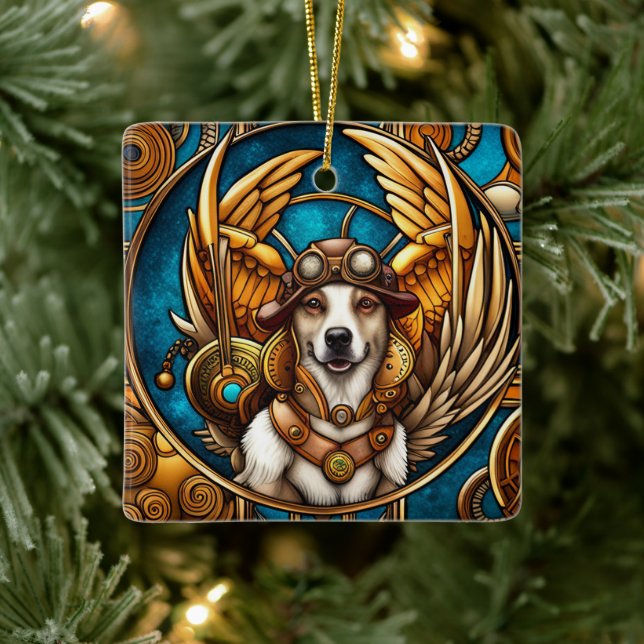 Steampunk Dog with Wings Ceramic Ornament (Tree)