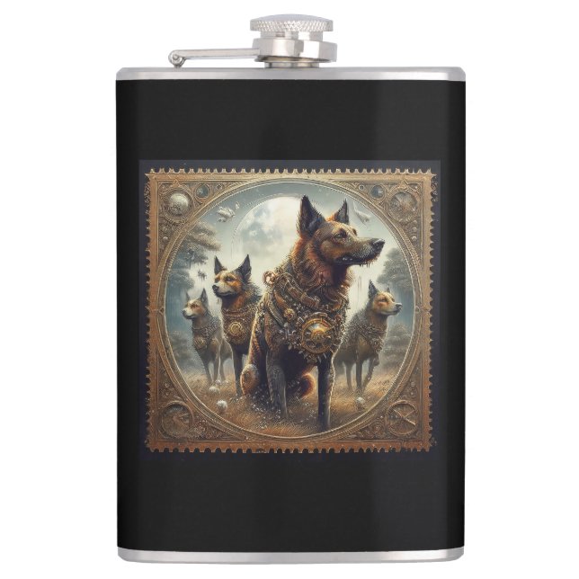 Steampunk Dogs On The Hunt Flask (Front)