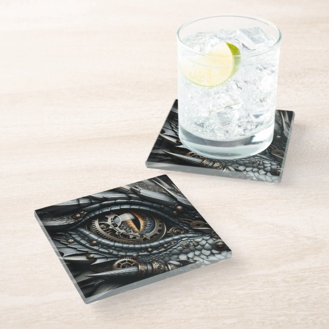 Steampunk Dragon Eye Closeup Ai Art Glass Coaster (Angled)