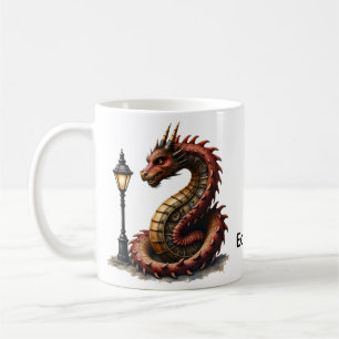 Steampunk Dragon next to a vintage street lamp.  Coffee Mug