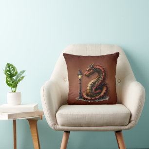 Steampunk Dragon next to a vintage street lamp. Cushion