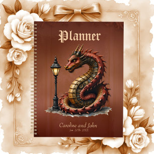 Steampunk Dragon next to a vintage street lamp. Planner