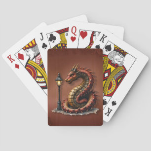 Steampunk Dragon next to a vintage street lamp. Playing Cards