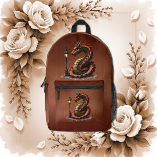 Steampunk Dragon next to a vintage street lamp. Printed Backpack