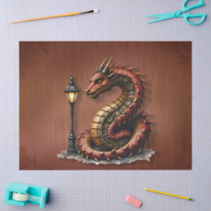 Steampunk Dragon next to a vintage street lamp.  Tissue Paper