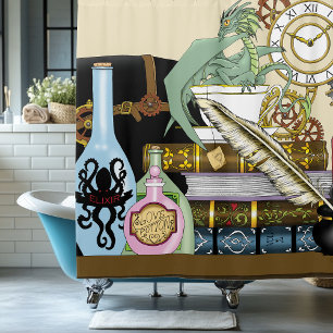 Steampunk Dragon Potions Books Shower Curtain