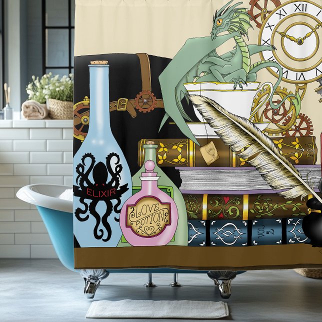 Steampunk Dragon Potions Books Shower Curtain (Creator Uploaded)