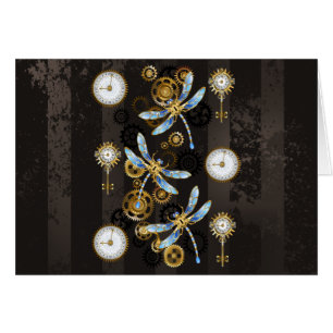 Steampunk Dragonflies on brown striped background