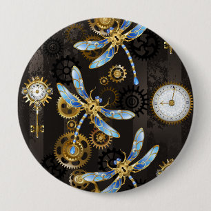Steampunk Dragonflies on brown striped background 10 Cm Round Badge
