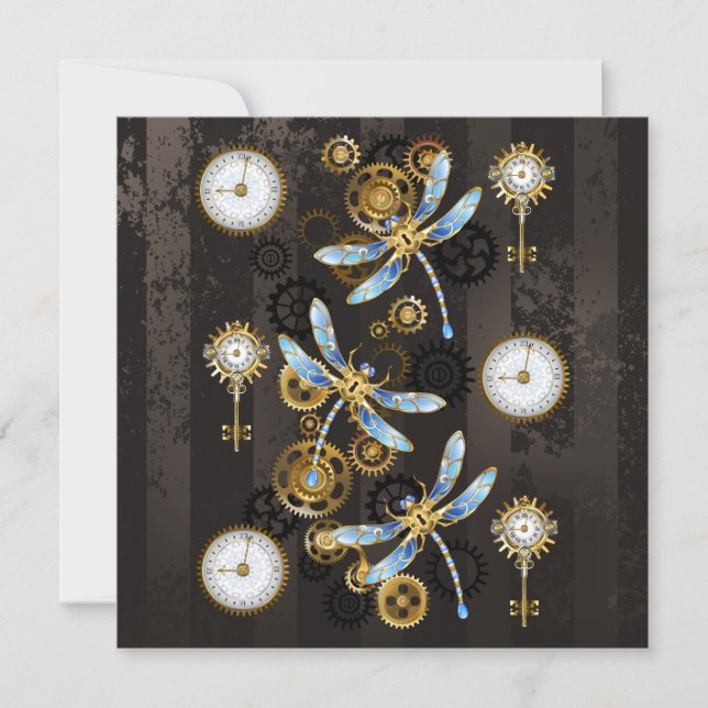 Steampunk Dragonflies on brown striped background Announcement (Front)