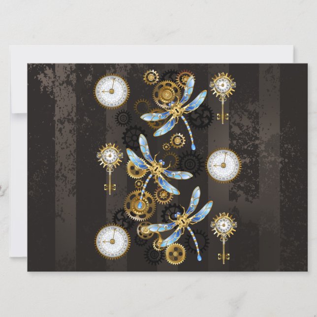 Steampunk Dragonflies on brown striped background Announcement (Front)