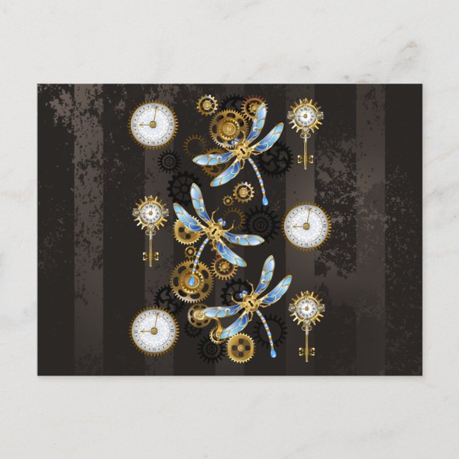 Steampunk Dragonflies on brown striped background Announcement Postcard (Front)
