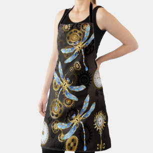 Steampunk Dragonflies on brown striped background Apron