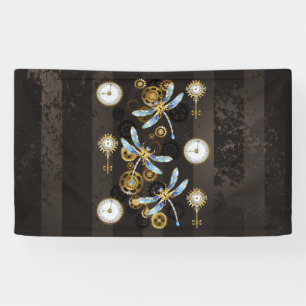 Steampunk Dragonflies on brown striped background Banner
