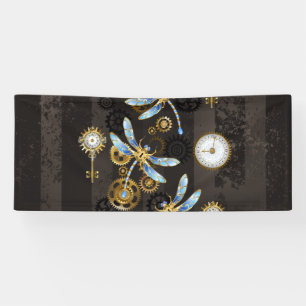Steampunk Dragonflies on brown striped background Banner