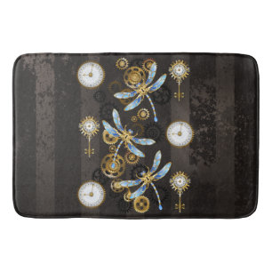 Steampunk Dragonflies on brown striped background Bath Mat