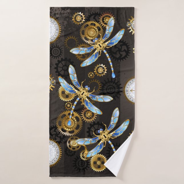 Steampunk Dragonflies on brown striped background Bath Towel (Bath Towel)