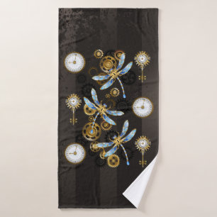 Steampunk Dragonflies on brown striped background Bath Towel Set