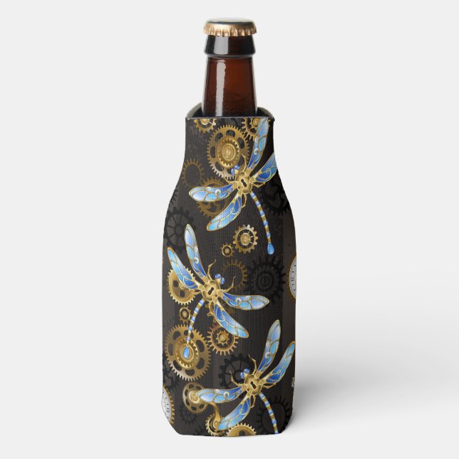 Steampunk Dragonflies on brown striped background Bottle Cooler (Bottle Front)