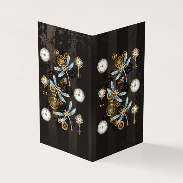 Steampunk Dragonflies on brown striped background Business Card (Outside)