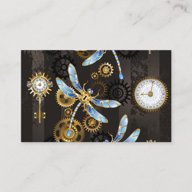 Steampunk Dragonflies on brown striped background Business Card (Front)