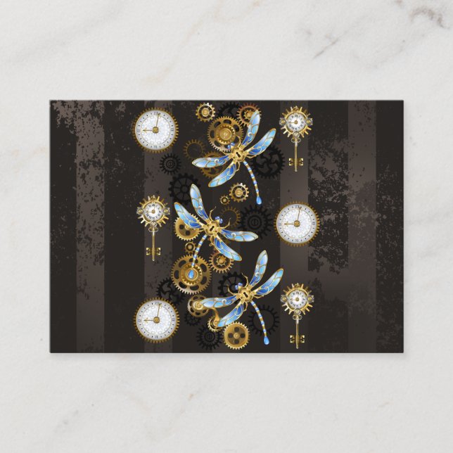Steampunk Dragonflies on brown striped background Calling Card (Front)