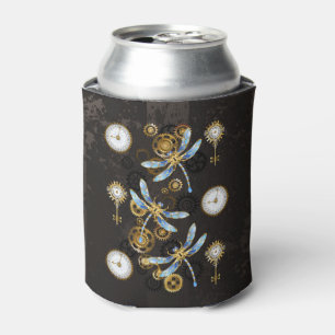 Steampunk Dragonflies on brown striped background Can Cooler