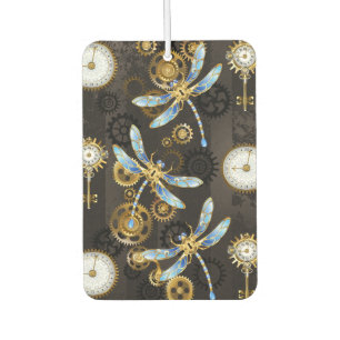 Steampunk Dragonflies on brown striped background Car Air Freshener