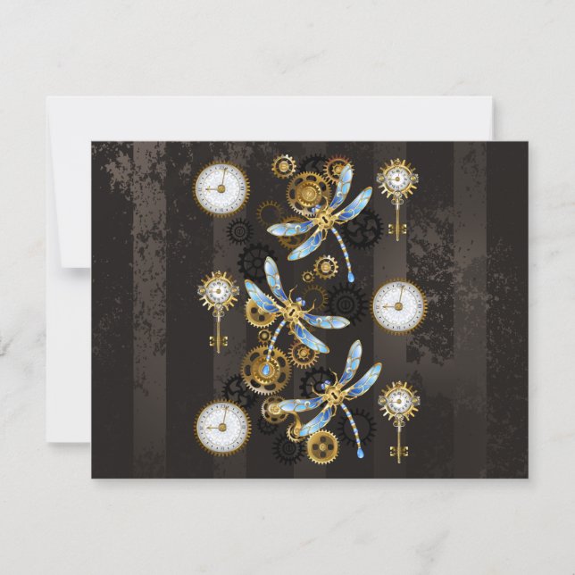 Steampunk Dragonflies on brown striped background Card (Front)