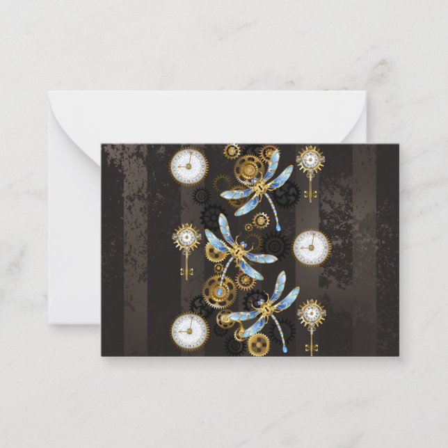 Steampunk Dragonflies on brown striped background Card (Front)