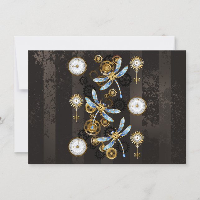 Steampunk Dragonflies on brown striped background Card (Front)