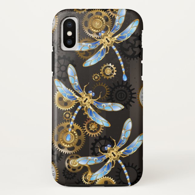 Steampunk Dragonflies on brown striped background Case-Mate iPhone Case (Back)