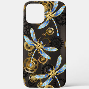 Steampunk Dragonflies on brown striped background iPhone 12 Pro Max Case