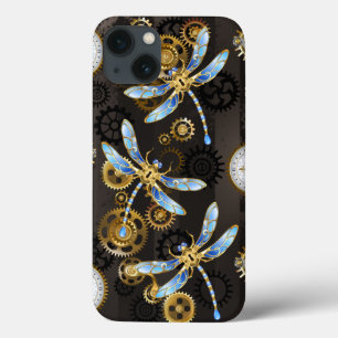 Steampunk Dragonflies on brown striped background iPhone 13 Case
