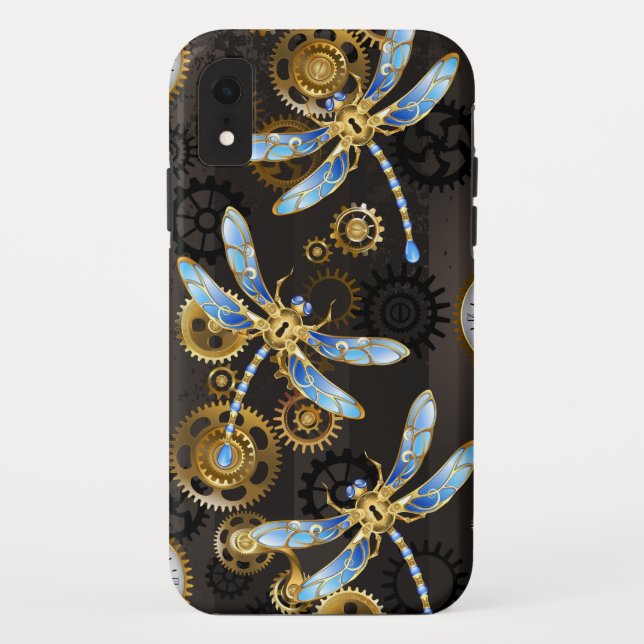 Steampunk Dragonflies on brown striped background Case-Mate iPhone Case (Back)