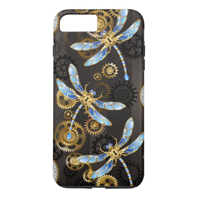 Steampunk Dragonflies on brown striped background Case-Mate iPhone Case (Back)