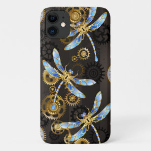 Steampunk Dragonflies on brown striped background iPhone 11 Case