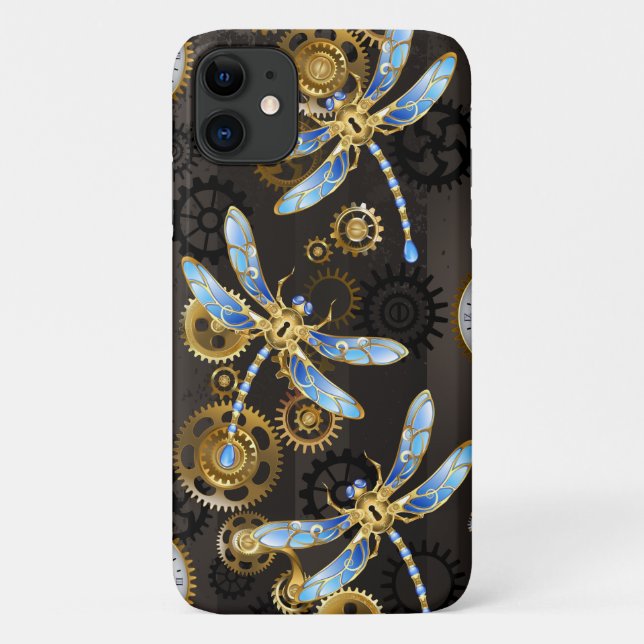 Steampunk Dragonflies on brown striped background Case-Mate iPhone Case (Back)