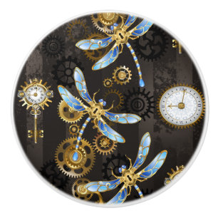 Steampunk Dragonflies on brown striped background Ceramic Knob