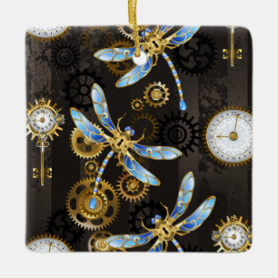 Steampunk Dragonflies on brown striped background Ceramic Ornament