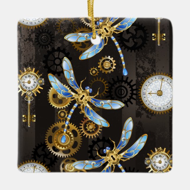 Steampunk Dragonflies on brown striped background Ceramic Ornament (Front)
