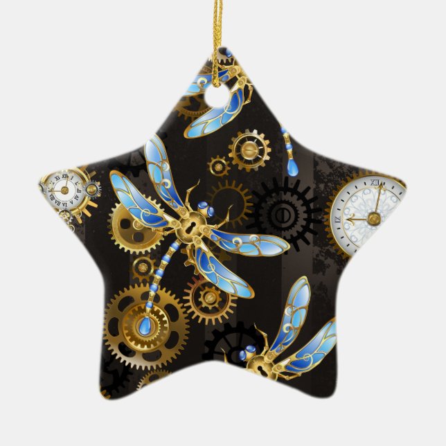 Steampunk Dragonflies on brown striped background Ceramic Ornament (Front)