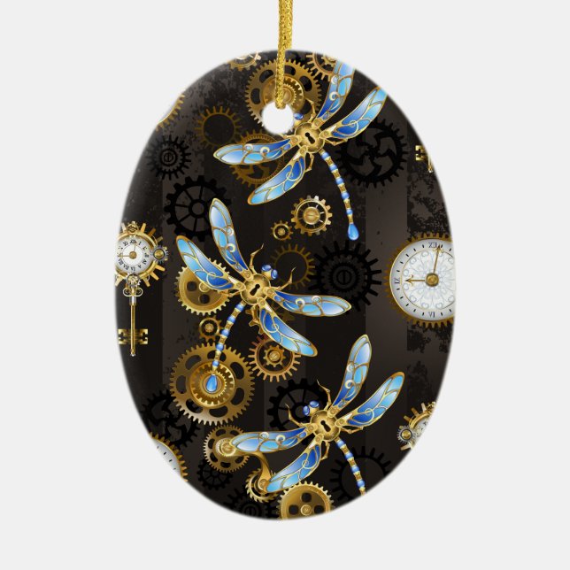 Steampunk Dragonflies on brown striped background Ceramic Ornament (Front)